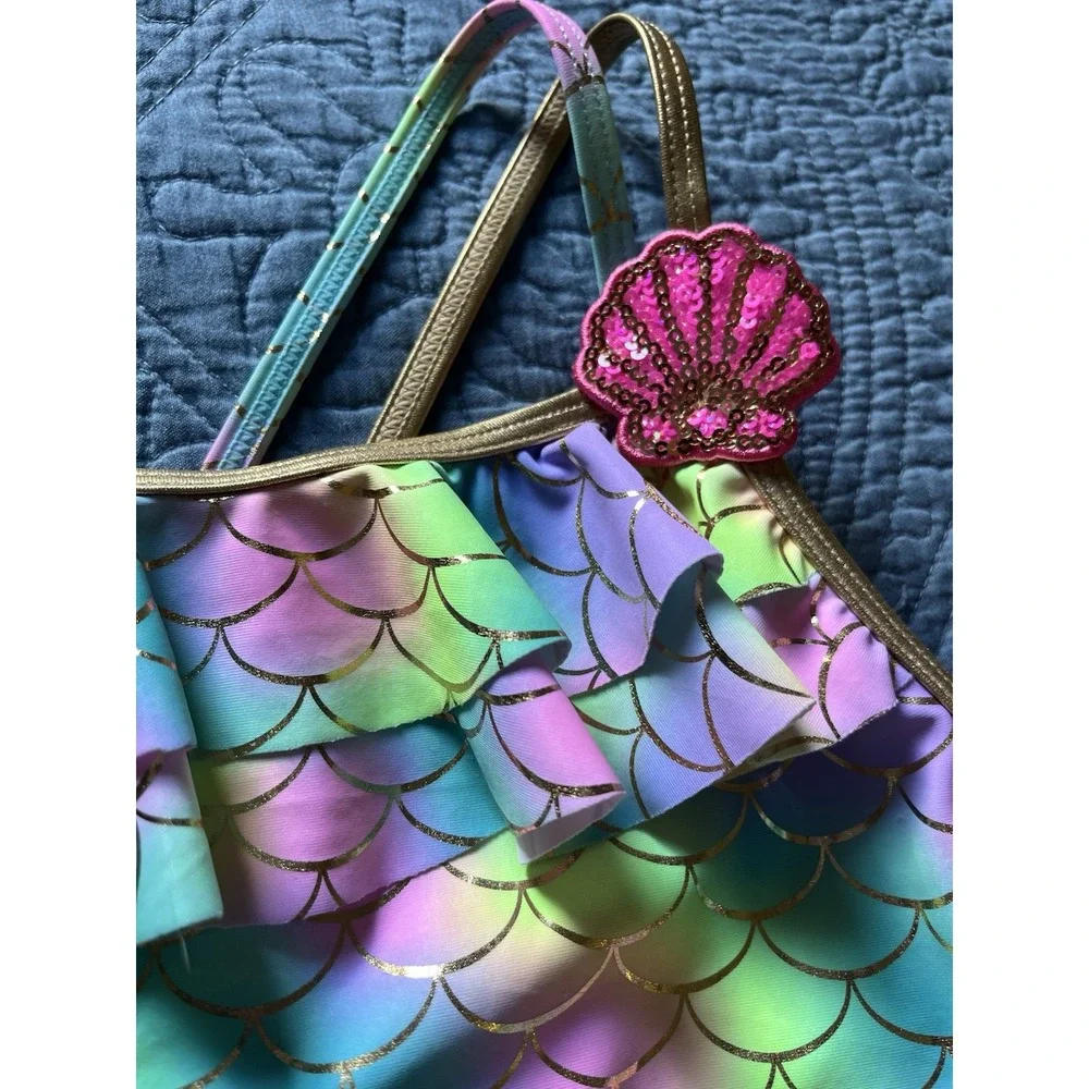 Betsey‎ Johnson Swimsuit Girls Sz 10 Mermaid Rainbow Ruffles Seashells One Piece